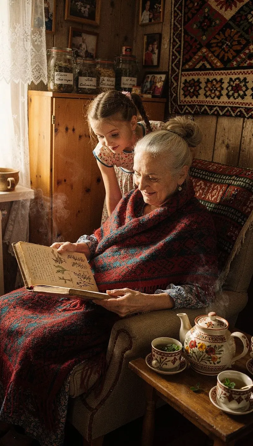 Raminanti žolelių arbatos ceremonija gamtoje, pabrėžianti natūralų gyvenimo komfortą.