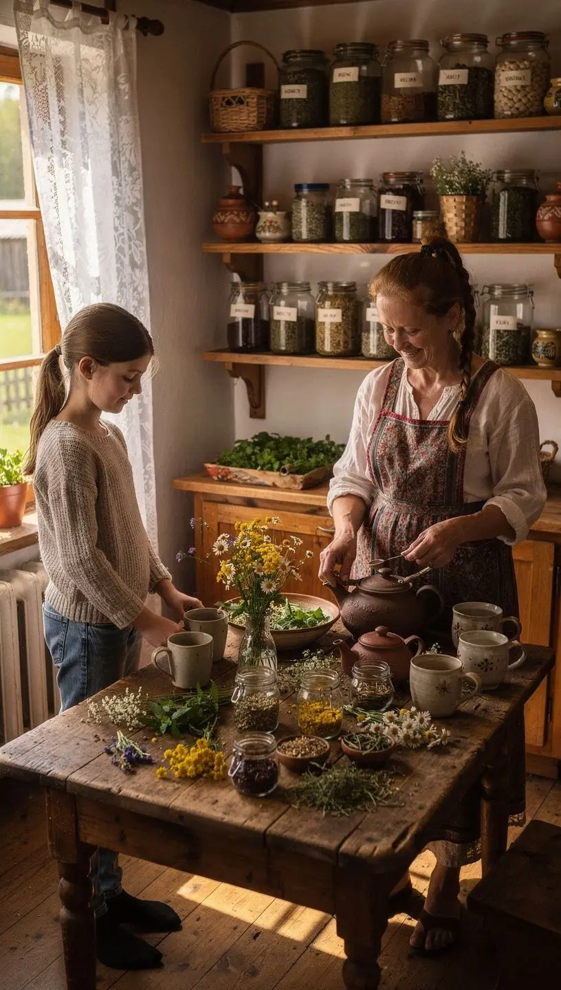 Žaliosios arbatos lapai ant medinio stalo, simbolizuojantys natūralias ramybės tradicijas.